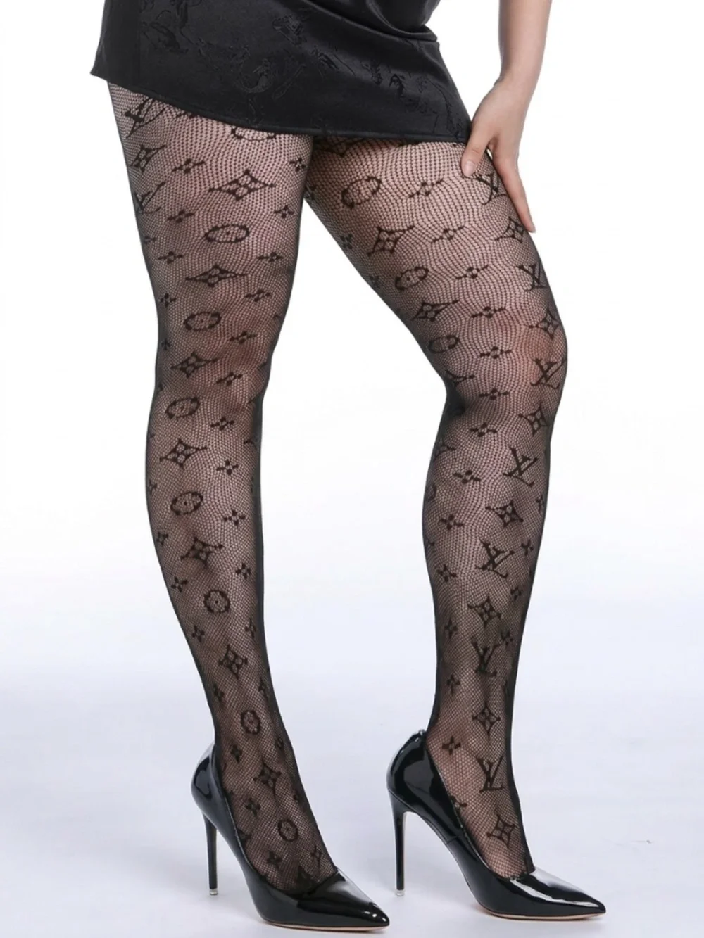 Brocade eyelash CC Monogram Logo, Nylon Pantyhose Black Tights